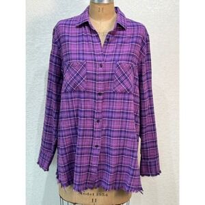 One 24 Rags‎ Purple Plaid Distressed Raw Hem Flannel Button Down Shirt Medium